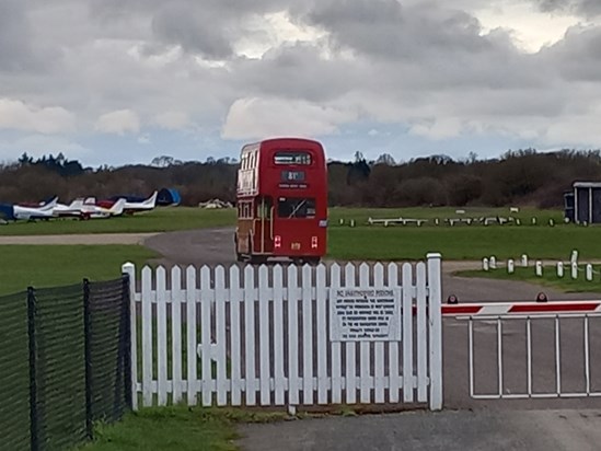 Dave's bus arriving at White Waltham for Ian's wake. He would have loved the uniqueness of this image, happening in his honour too.