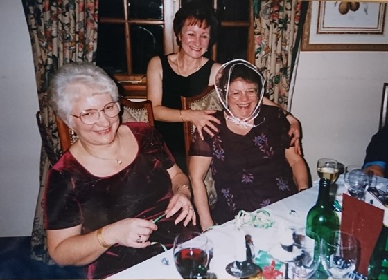 Margaret with Marion and Jan & posh Christmas cracker gifts!