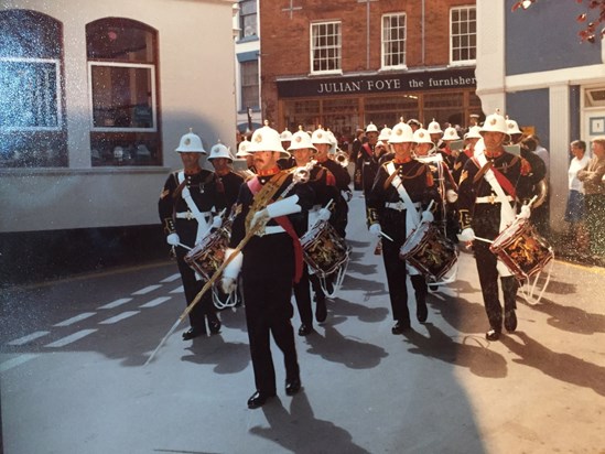 Marching through Dartmouth town centre. Dad is first on the left