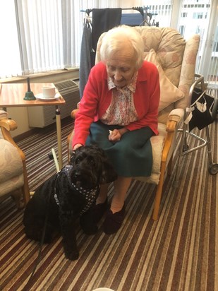 Nancy stroking Buddy the Cockerpoo