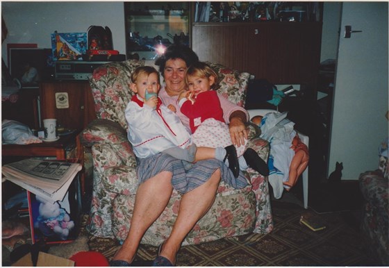 Helen and Emily on Nana's lap 17/12/1989 Carterton