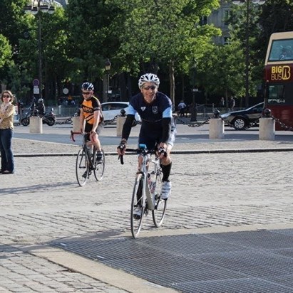 A pleased Iain arriving at Arc de Triomphe, the finish of the London to Paris cycle ride, 7th June 2015
