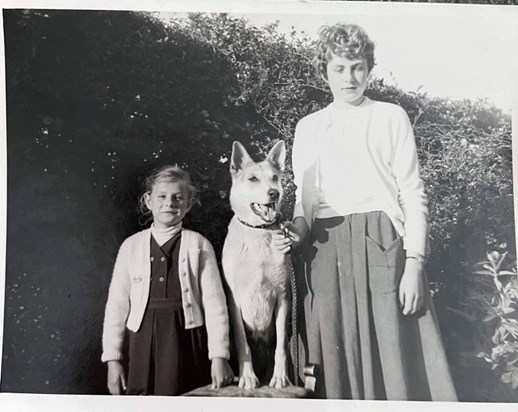 Diana with her sister Marguerite and Kim the Alsatian, circa late fifties.