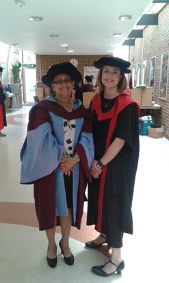 Emma with Sarah Kirby waiting to attend Graduation as a member of staff