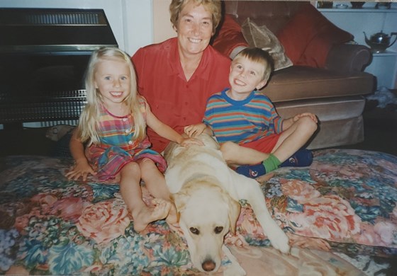 We have such lovely memories of visiting Auntie Mary at Lancing College, our children playing in the Quad. This photo was taken with Poppy, her dog, in her lounge in Olds House. Love from Julie, Andy, Matthew and Claire. xx