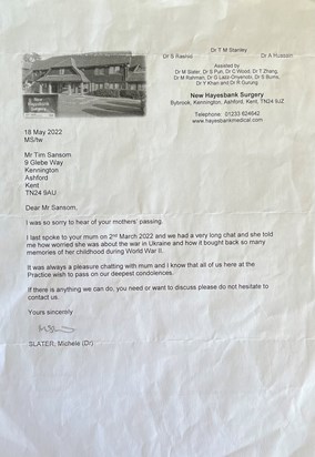 Letter of condolences From mums Doctors surgery 