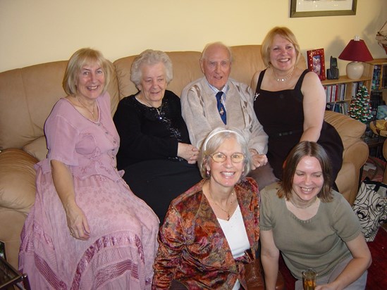 Dad at Mum's 90th birthday 2006 with Carol, Lin, Jean and Sue