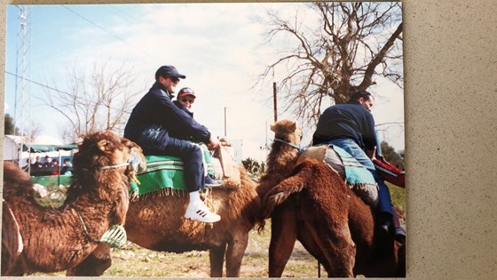 Camel riding in Tunisia. Sinclair/ Juby family holiday 2001