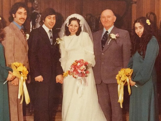On their wedding day with Grandad Tom, Uncle Ray and Auntie Anita