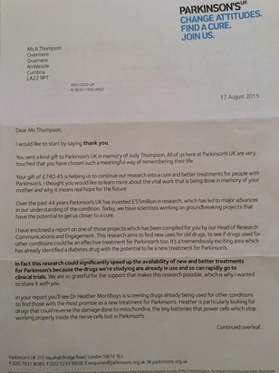 Letter from Parkinson's UK after we sent the donation from Mums service, thank you everyone x