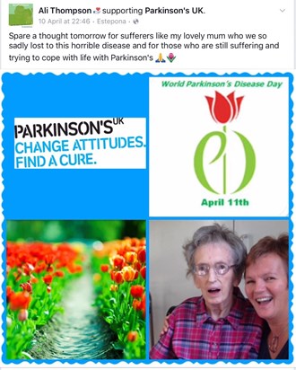 Week of 18th April Parkinson's Awareness week, a cause very close to our hearts eh Mam xx