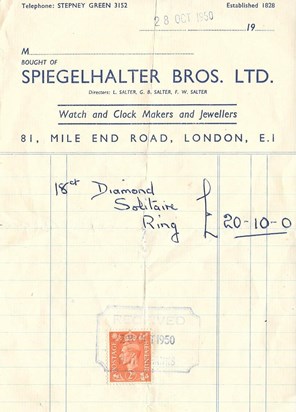 Receipt for Alice Engagement ring December 1950