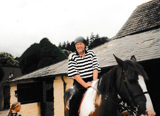 1997 group camping trip to Burrowhayes. Martyn and John Booth decided to join the kids riding. He rather regretted it afterwards!