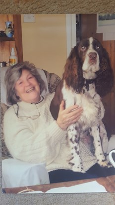 Mum in her mid 70s at home in the Almshouses with an unknown Spaniel!