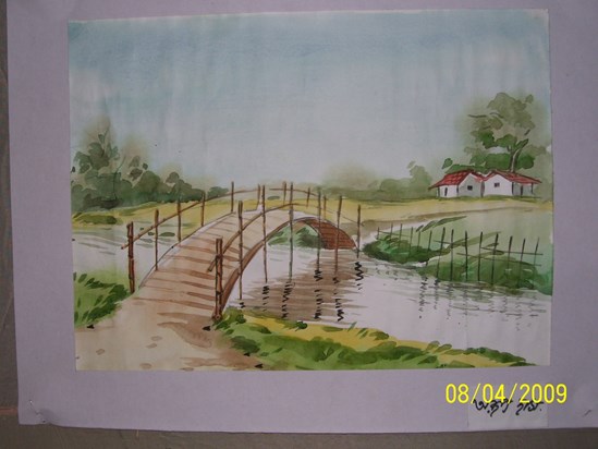 The foot bridge of a remote village (painting by Arup)