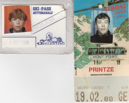 Paul's ski passes for his holidays  to San Valentino, Italy 1986 and Nendaz, Switzerland, 1988
