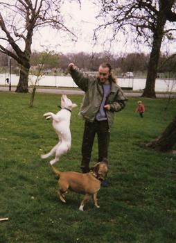 1996 - Paul playing with Lisa's dogs, Samson and  Karma in Battersea Park