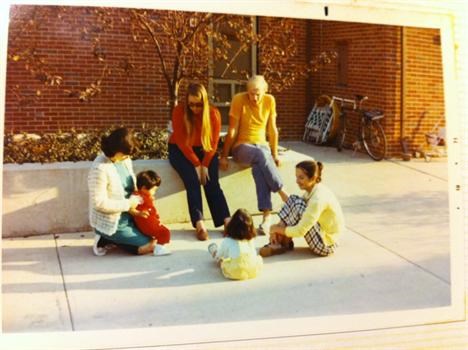 Hiroko, Yuko, Ann, Thouraya, Ann, Chris, Linda in front of the Mill Street Apt in Athens Ohio 1971