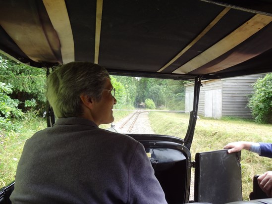Adrian and giving Bridget a ride in the Ford  T inspection saloon at the Beeches Light Railway