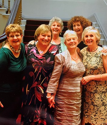 The six of us at wedding reception of Annemaria's son David.   The last time we were all together.  L-R Janie, Riet, Annemaria and Mary.  Back row Elizabeth and Moira.  Much loved photograph with great memories.