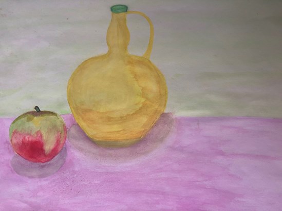 Still life with bottle and apple, watercolour