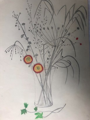 Still life of flowers in a vase, pencil and pastel