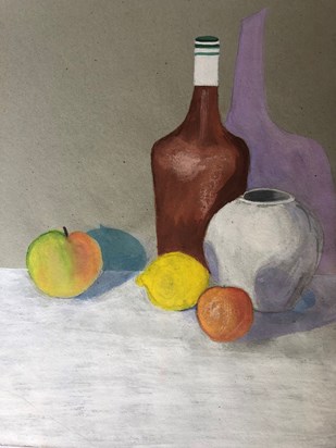 Still life of bottles and fruits, pastel