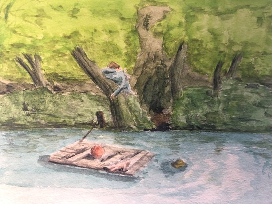 Figure in a landscape by water, watercolour