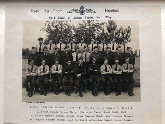 RAF Hereford No. 2 School of Admin Trades No. 1 Wing. (Alan is in the middle row at the far right hand side)