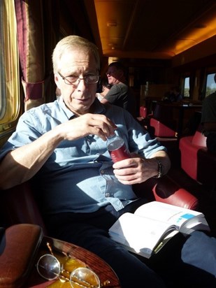 Nick in pensive mood. On the Ghan train, Adelaide to Alice Springs, April 2014