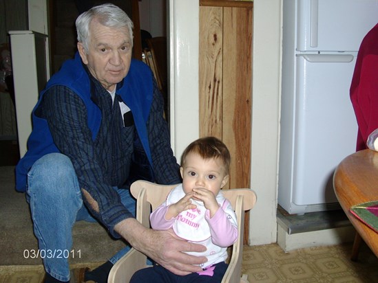 Dad and Great Granddaughter Cheyanne.  Dad made this chair for Cheyanne