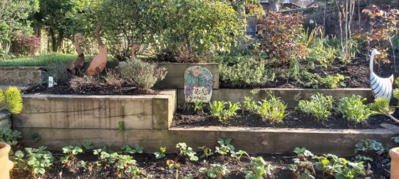 Ness's garden - beautiful sign painted by Becky using one of our roof slates. 