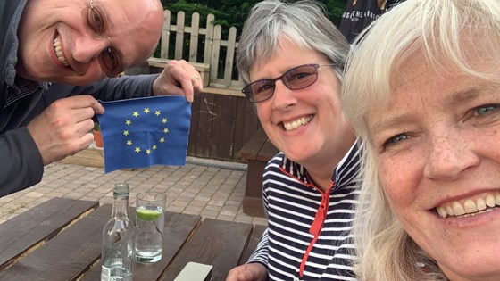 Drinks in North Berwick. Stef having a laugh with the EU flag