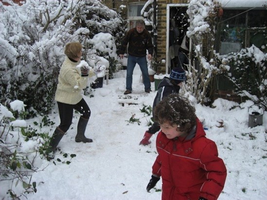 Snowball fight at 41with James and Alex
