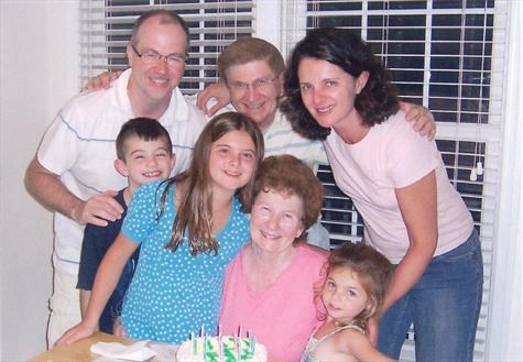 Birthday, with Stephen’s family: James, Amanda, Mae, and Lily. Second row: Stephen, Ray, and Nancy