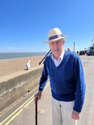 Mike enjoying a stroll in the sunshine at Aldeburgh 