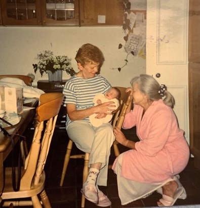 Kath with her first grandchild Michael age, one week, 31st of August 92 in Newcastle, together with my late mother.