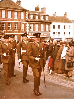 Major J E Ient leading a troop of the Royal Signals through Richmond, N Yorks (circa 1987)
