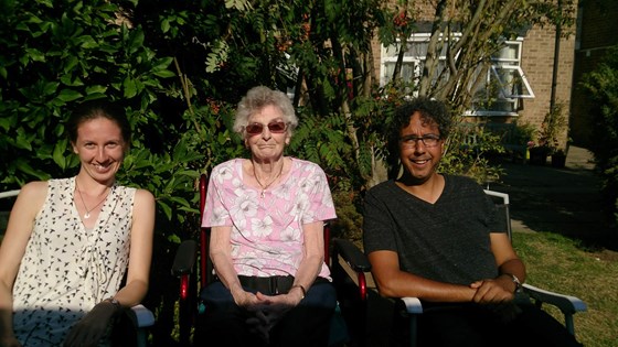 Sheila with Sophie and Lysander in the garden at Rivermead