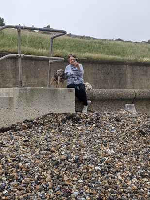 Veronica with Mowgli in Herne Bay, taking a photo of Anna
