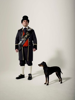 Gordon dressed as Jack Black, Queen Victoria's Rat Catcher, with Inka the Manchester Terrier