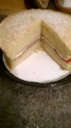 Your birthday cake, Gordon.  Victoria sponge, your favorite.  It was scrummy.  Love you xxx