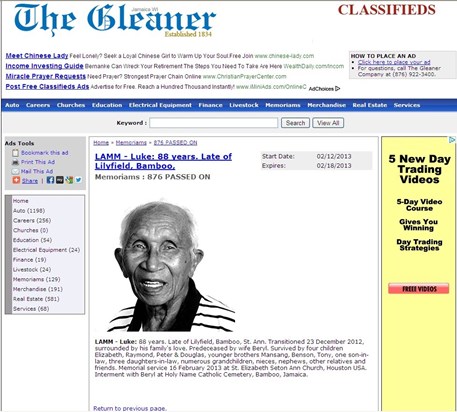 Gleaner Memorial (17 Feb 2013, online page spread)