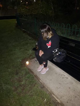 Lighting a candle at your memorial bench 32 weeks 