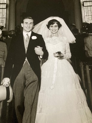 Wedding day -looking beautiful- once she knew it wasn’t going to be recycled at anyone else’s wedding  the dress later got used in Uppingham School theatre pantomime- Shirley always liked nothing to be wasted