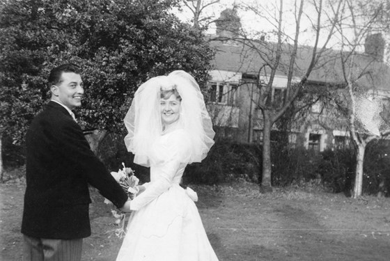 Maggie and Derek on their wedding day - 60 years ago!