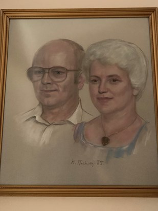 Chalk sketch of Pat and George from visit to USA