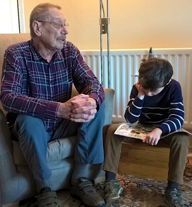 Oct 2018: 8 year old George is happy in David's company. George is the grandson of David's childhood friend Brian Golby. I love the similar shoes too, Ruth (George's mum)