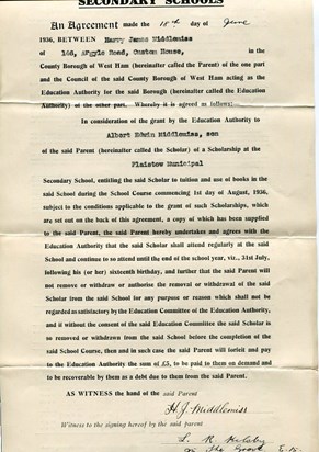 1936 - Albert's Scholarship to Plaistow Municipal Secondary School