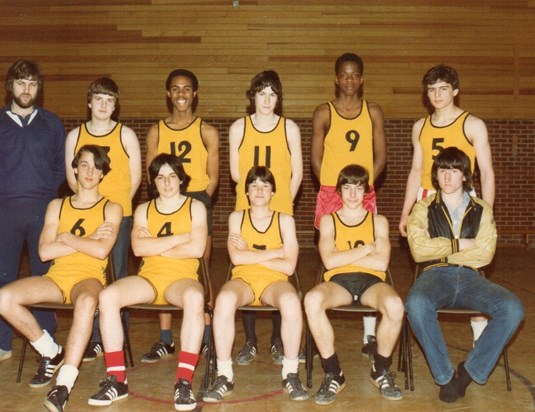 Highams Park School Basketball Team.  Dave Bowden ,Trevor Titus,Stuart McClean, Paul Skinner,Richard Watson,Paul Adams,Gary Kemp,David Parker, John Noble.